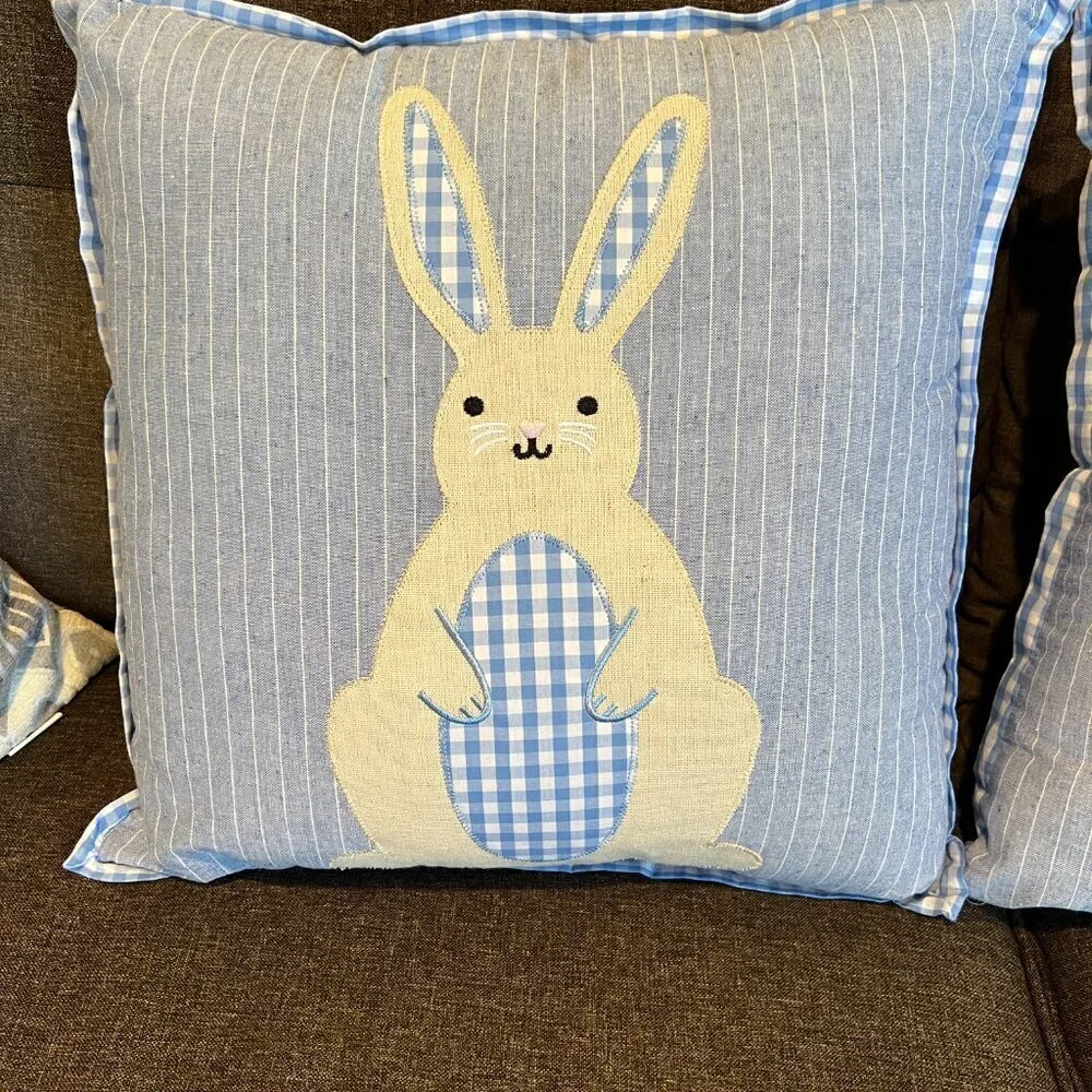 Set of Two 15” Square Bunny Rabbit Pillows Blue Gingham Print With Tails Country